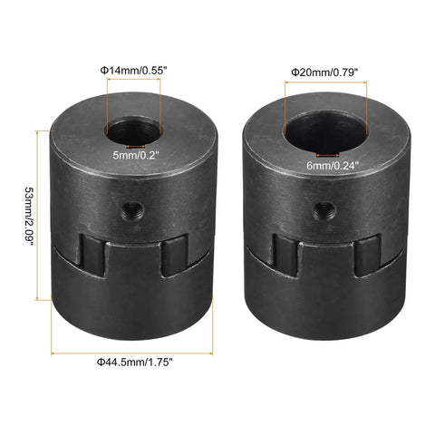 Beefy Flexible Coupling Shaft 14mm To 20mm Bore 53mm Length 44.5mm OD Motor Coupler Joint, pair with dimensions and slot sizes visible.