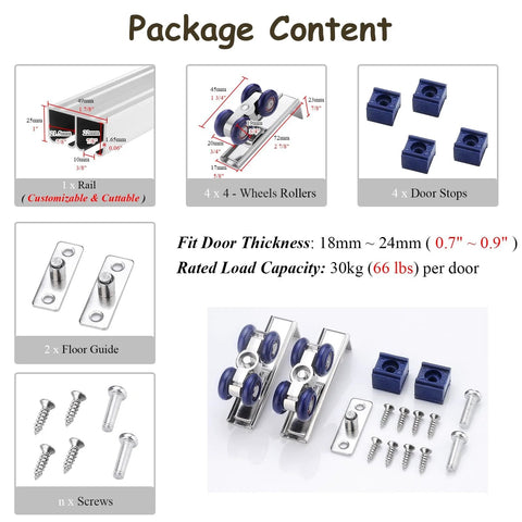 Package contents of Double Track Bypass Barn Door Hardware Kit including rails, 4-wheel rollers, door stops, screws, and floor guides.
