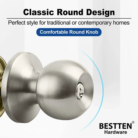 Keyed Entry Door Knob With Lock Satin Nickel Finish All Metal Construction Includes Three Keys Adjustable Backset