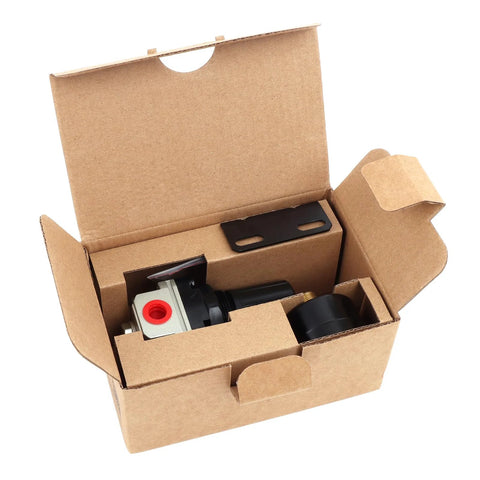 Air compressor pressure regulator AR2000-N02 with bracket and gauge, 0-150 PSI, 1/4 in NPT, red inlet port in box.