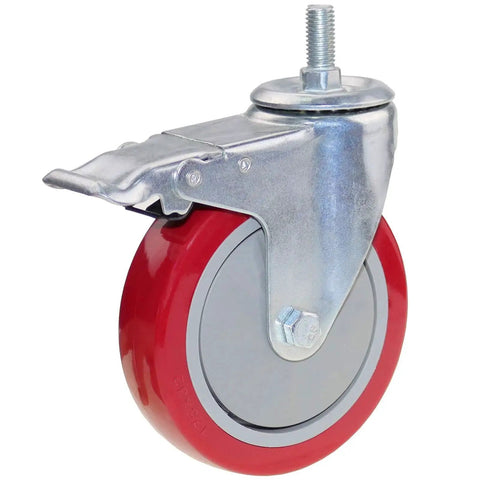 Side view of 5-inch red polyurethane caster wheel with metal brake and threaded M12-1.75 stem