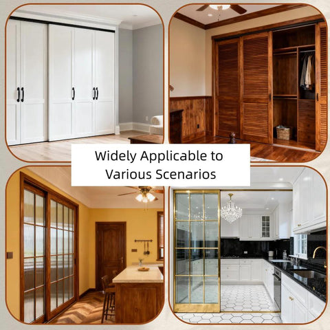 Wide view of various closets and wardrobes with Sliding Door Roller Kit For Top Hung Wardrobe And Closet Doors installed in different scenarios.