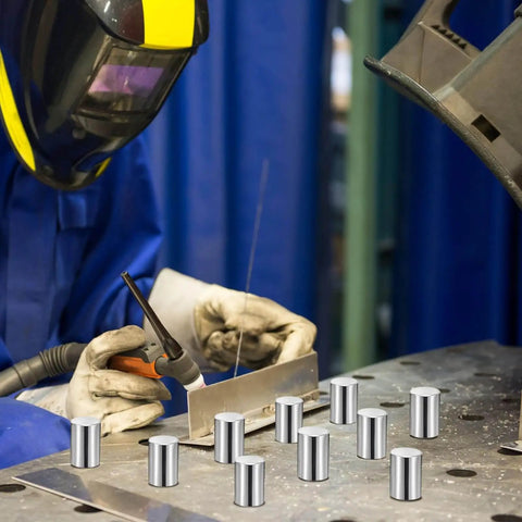 10 Pack Welding Table Fixture Pins For Quick Alignment And Rock Solid Setup 0.629 In X 1 In X 1.5 In Clamp Pins visible on table