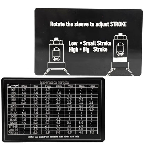 Simple Stroke Setting Rivet Nut Tool Kit, 12 Inch Mid Size Complete Set With 11 Accessories And 100 Rivet Nuts, Tool Free Stroke Adjustment instructions with stroke reference chart.