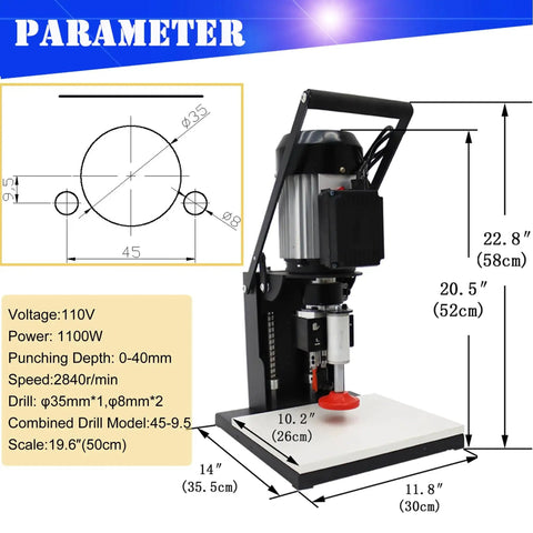 Portable Electric Hinge Boring Insertion Machine For Woodworking With Adjustable Depth Drill Press in black, shown with dimensions and specs.