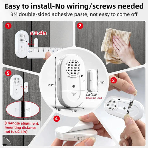 Installation steps for Door Window Alarms 5 Pack 125dB With Volume Control, showing adhesive placement and installation process.