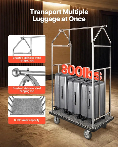 Hotel Luggage Cart With Brushed Stainless Steel Finish And Grey Carpeted Deck Bellman Valet Cart With 6 Inch Rubber Wheels 800 Lbs Capacity For Hotels Condos And Resorts Silver For Easy Transport