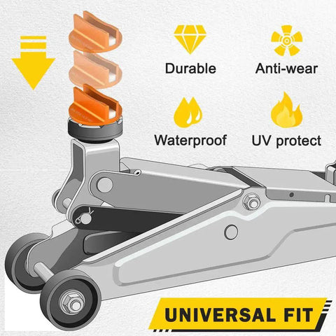 Illustration showing a floor jack with an orange Pinch Weld Jack Pad Magnetic Aluminum Jacking Puck for Frame Rails and Cars.