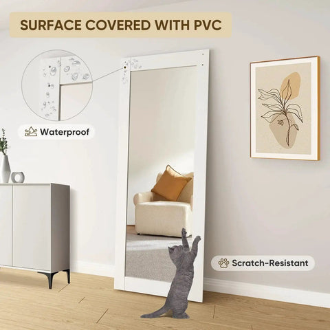 36x80 Inch Mirror Barn Door With Sliding Hardware Kit Included Full Length One Lite Mirror Door White Finish Solid Wood Core With Waterproof PVC Surface Scratch Resistant No Assembly Required installed in living room with couch and artwork visible in reflection