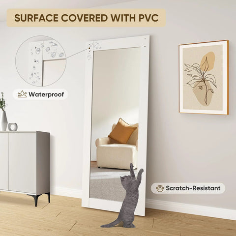 32 Inch By 84 Inch Mirror Barn Door With 5.5 Foot Sliding Hardware Kit Included No Assembly Required White One Lite Full Length Mirror Door Built Tough Solid Wood With Waterproof PVC Surface in living room setting with cat reaching up.