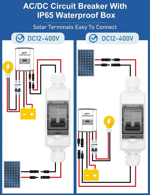 Rugged Outdoor Solar Panel Disconnect Switch 30A 2-Pole DC Circuit Breaker Non-Polarized 12V-400V IP65 waterproof box diagram