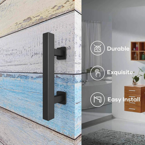 10 Inch Sliding Barn Door Pull Handle Set With Flush Hardware, Double Sided, Heavy Duty Square Design, Matte Black Powder Coated