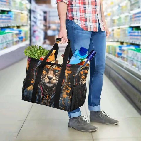Person carrying a Cheetah Print Large Tote Bag For Women Canvas Tote Purse Reusable Grocery Bag Top Handle Handbag in a store