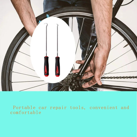 Oil Seal Hook Tool Set 2 Pack Heavy Duty Steel Seal Pullers With Non Slip Handles in front of bicycle repair image