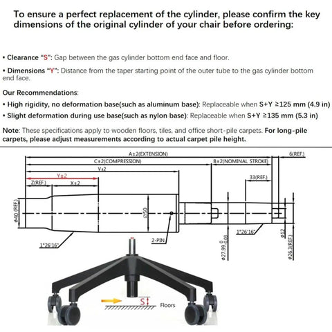Office Chair Gas Lift Replacement Cylinder With Class 4 TUV Certification Beefed Up Heavy Duty Piston 4.4 Inch Stroke diagram