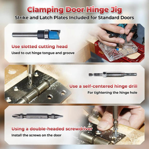 Adjustable Aluminum Door Hinge Mortise Jig Kit With Dual Clamps, slotted cutting head, hinge drill, screwdriver usage