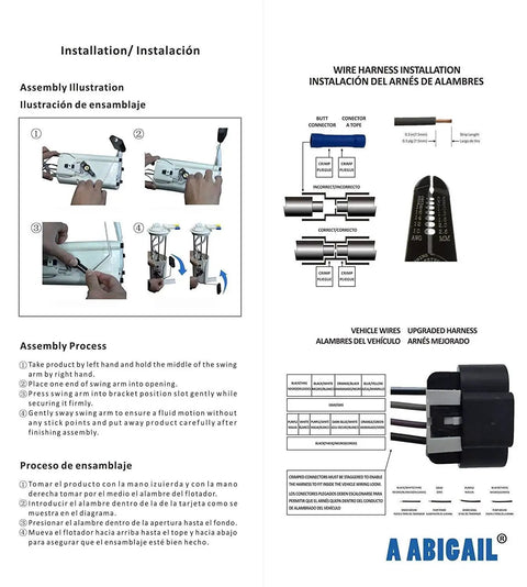 Instruction guide for installing a wire harness and assembly process, showing step-by-step illustrations and wire connection diagram.