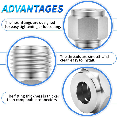 ChillWaves 304 stainless steel compression tube fitting, 1 in OD x 1 in OD union; hex, threads, and flange views