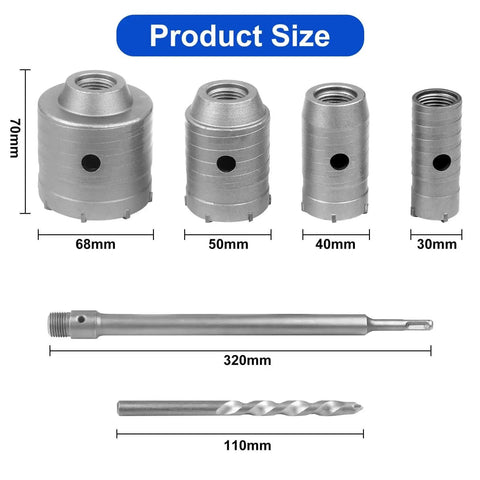Dry Core Drill Bit Set For Concrete, 6 Piece Kit With 30, 40, 50, And 68mm Core Bits, 320mm Round Shank Extension shown.