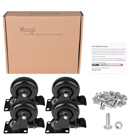 Beefy 3 Inch PVC Heavy Duty Swivel Caster Wheels Set Of 4 With Dual Locking Brakes shown with packaging and hardware kit