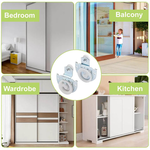 Bypass Sliding Door Roller Kit With 4 Pcs Adjustable Closet Door Wheels Casters shown in various home settings.