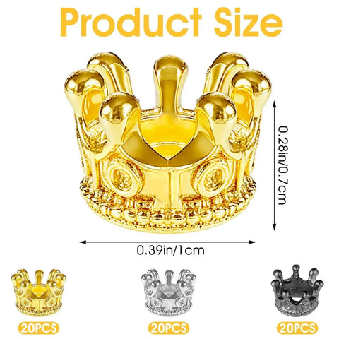 Mini Crown Beads 60 Pcs Set for DIY Jewelry Making Gold Silver Black 3D Alloy Crown Charms Large Hole Spacer Beads