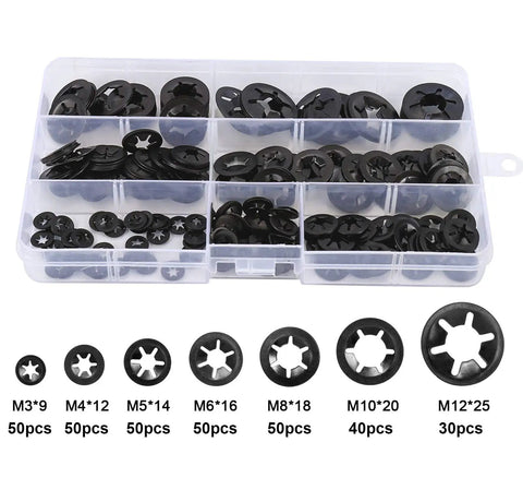 Starlock Washer Set 320 Piece Internal Tooth Locking Washers Kit With 7 Sizes M3 M4 M5 M6 M8 M10 M12, organized in a box.