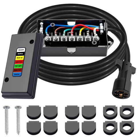 7 Way Trailer Wiring Harness Kit With 8 Ft Cord And Junction Box Premium 7 Pin Trailer Plug For RVs And Trailers Weatherproof Heavy Duty Wiring for lights and brakes, showing junction box and wiring.