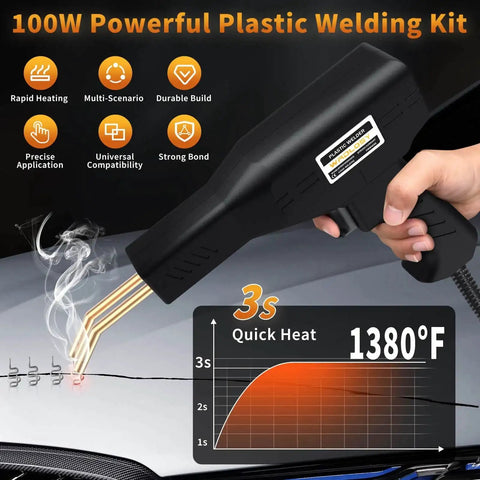 Close-up of a person using the Plastic Welder Kit With 1200 Staples For DIYers - Instant On Off 100W Heat on plastic surface, displaying rapid heating chart.