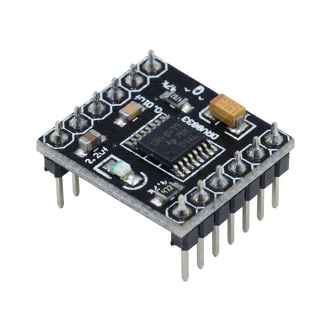 Two Channel Motor Driver Module For Arduino Raspberry Pi And ESP32 ESP8266 with presoldered pins, shown at angle highlighting pins and chip.