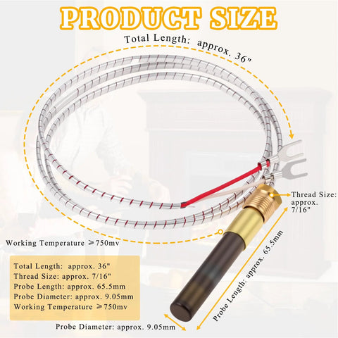 5-pack thermopile for gas fireplace, 36-inch braided white wire, 750mv, fork terminal, brass threaded probe