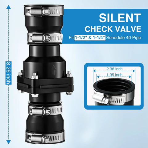 Sump pump slip-on check valve with four stainless hose clamps for 1-1/2 in or 1-1/4 in PVC pipe.
