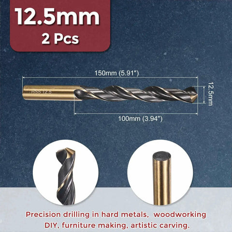 12.5mm Diameter Drill Bit Set M2 High Speed Steel Twist Bits 2 Pack With 135 Degree Split Point For Metal Wood Plastic