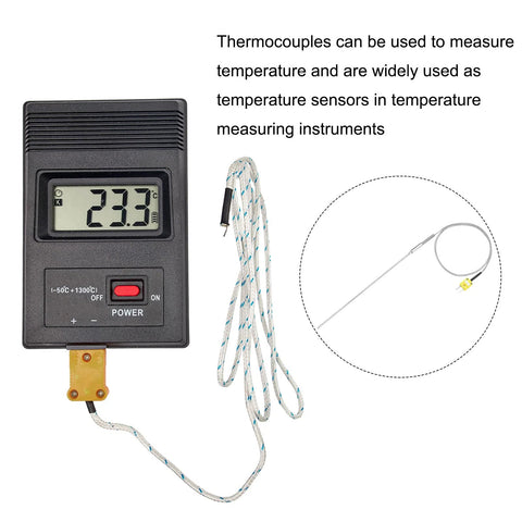 K-type thermocouple with plug and digital temperature meter; stainless steel probe on 3.3 ft braided wire