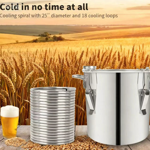 Stainless steel immersion wort chiller coil, 1/2 in x 50 ft, shown with brewing kettle and barley background