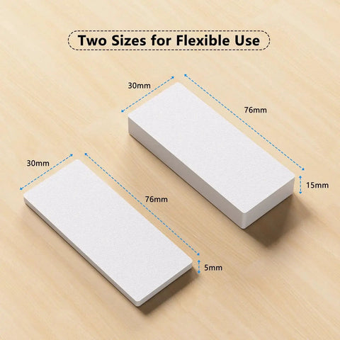 Heavy Duty EVA Foam Headboard Stoppers And Wall Protectors 18 Piece Set, showing two sizes, 30x76mm, 15mm and 5mm thick, white.