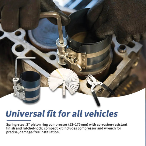 Universal Beefed Up Piston Ring Compressor Tool Kit For Car Engine Three Inch Four Inch And Six Inch Size Range with installer and gauge