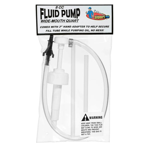 Wide Mouth Fluid Pump With 38mm Cap 8cc Stroke 17in Tube And 3rd Hand Adapter in packaging, showing pump components.