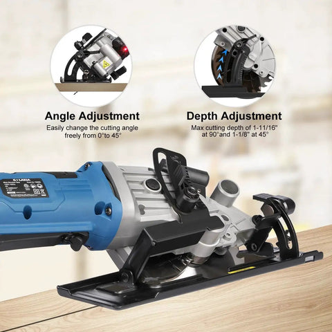 Mini Circular Saw Corded 4 Amp 3500 RPM With Laser Guide And Rip Guide for precise wood cuts, close-up showing adjustments.