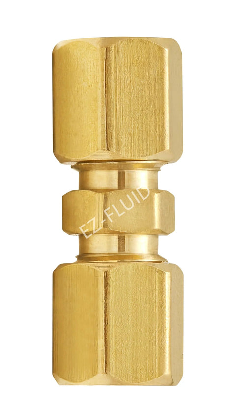 Brass 1/4 in compression union coupling for icemaker line extension, EZ-FLUID LF brass fitting.