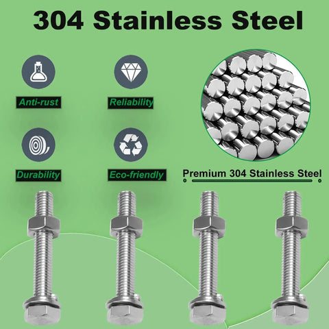 M10 Hex Bolts And Nuts Set With Flat And Spring Washers M10x50mm Fully Threaded Bolts And M10 Nuts 304 Stainless Steel Focus