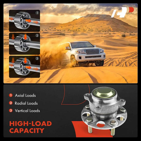 Rear Wheel Bearing And Hub Assembly 5 Lug Bolt On Fit For Honda Accord 2013 2014 2015 2018 2019 2020 2021 2022 2023 And Acura TLX 2015 2020 Premium Replacement With Easy Install And Long Lasting Durability showing high-load capacity for axial, radial, and vertical loads.