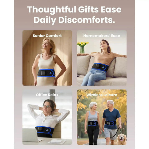Cordless Heating Pad Belt Massager For Lower Back Relief On The Go With Near Infrared Heat And Red Light Therapy shown in various lifestyle settings.