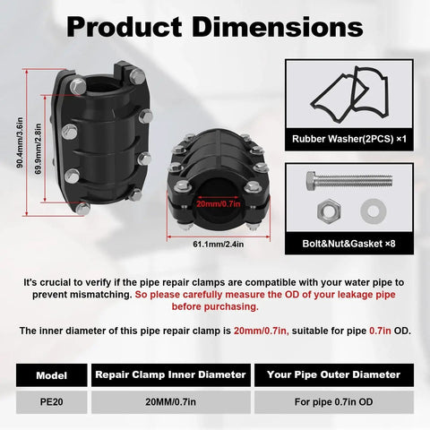 Three Quarter Inch Pipe Repair Clamp dimensions and parts with anti impact shield for fast leak fix on plastic and metal pipes.