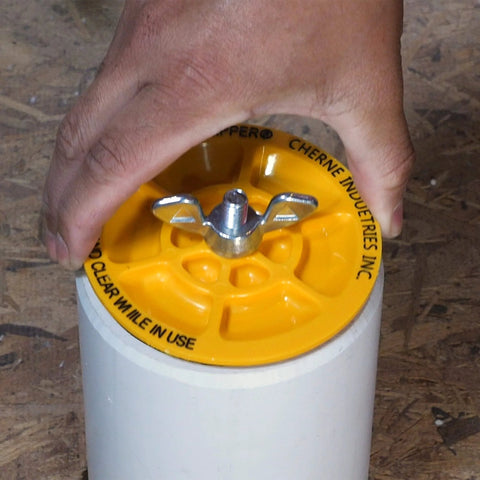End Of Pipe Gripper Test Plug 2 Inch Yellow for plumbing, sealing inside pipe with large zinc wing nut and rubber O ring.