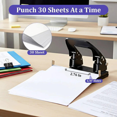 Heavy Duty Two Hole Punch With 150 Paper Fasteners For Office Files And Folders on desk, punches 30 sheets, black finish, padded handle