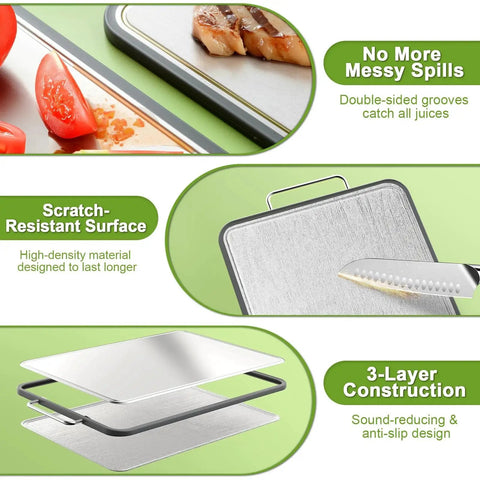 Heavy Duty 316 Stainless Steel Cutting Board 17x11 Inch Dual Sided Chopping Board For Meat And Produce With Deep Juice Grooves visible