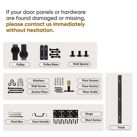 Diagram of hardware components for Bi Fold Sliding Barn Door Kit with 72 Inch Width and 84 Inch Height, including pulleys, spacers, tracks.