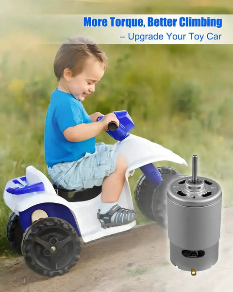 Child on ride-on car with 2-Pack 12V RS550 High Speed Electric Motor Upgrade For Ride On Kids Cars, Delivers Up To 40000 RPM shown
