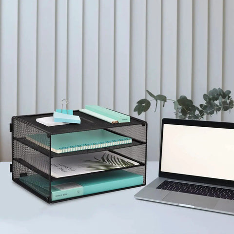 Three Tier Mesh Desk Organizer Tray That Keeps Your Desk Neat For Files Folders And Mail Sorting Desktop Paper Sorter Rack next to laptop